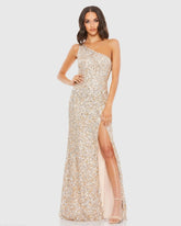 Sequined One Shoulder Gown With Slit