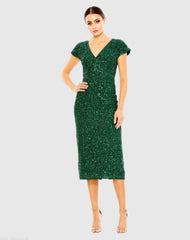 Dark Green Sequined Cap Sleeve Wrap Over Cocktail Dress