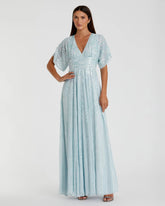 Blue Embellished V Neck Evening Gown