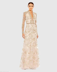 Pink Queen Anne Lace Long Sleeve V-Neck Trumpet Gown