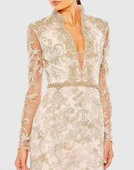 Pink Queen Anne Lace Long Sleeve V-Neck Trumpet Gown