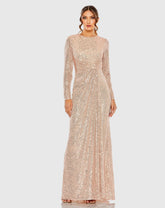 Light Pink Sequined Side Knot Long Sleeve Gown