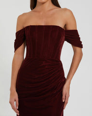 Red Off-the-Shoulder Velvet Bustier Gown