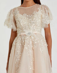 Beige Embellished Flutter Sleeve Bow Waist A Line Dress