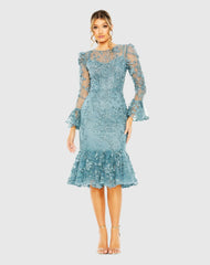 Blue Ruffle Wrist Embellished High Neck Midi Dress