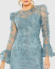 Blue Ruffle Wrist Embellished High Neck Midi Dress