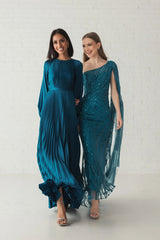 Blue Pleated High Neck Long Sleeve Gown with Slit