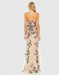 Beige Floral Embroidered Strapless Gown