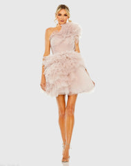 Pink Tulle Ruffle One Shoulder Mini Dress