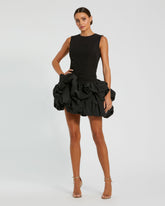 Black Sleeveless Crepe Bubble Skirt Mini Dress