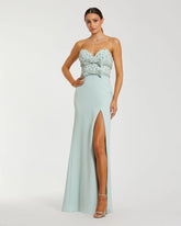 Green Strapless Rhinestone Bodice Crepe Gown