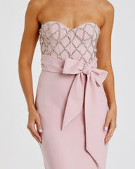 Pink Strapless Embellished Crepe Gown With Bow
