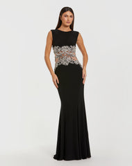 Black Sleeveless Jersey Gown With Beaded Waist Detail