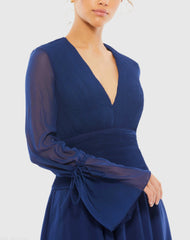 Navy Pleated Bell Sleeve Chiffon Mini Dress