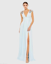 Light Blue Beaded Cap Sleeve V Neck A Line Gown