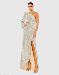 Silver Sequined One Shoulder Cut Out Gown