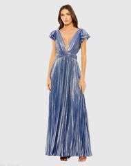 Blue Ruffle Sleeve Cutout Pleated Metallic Gown - FINAL SALE