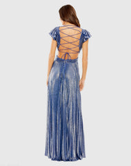 Blue Ruffle Sleeve Cutout Pleated Metallic Gown - FINAL SALE
