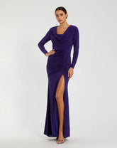 Purple Long Sleeve Cowl Neck Jersey Gown With Slit - FINAL SALE