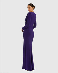 Purple Long Sleeve Cowl Neck Jersey Gown With Slit - FINAL SALE