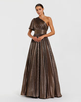 Brown One Shoulder Pleated Metallic Ball Gown