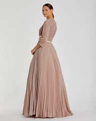 Pink Shimmering Pleated 3/4 Sleeve Ball Gown