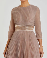 Pink Shimmering Pleated 3/4 Sleeve Ball Gown
