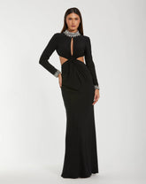 Black Embellished Jersey Long Sleeve Cut Out Evening Gown