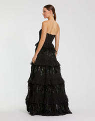Black Strapless Sweetheart Lace Tiered Feather Ball Gown