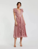 Pleated Chiffon V Neck Ruffle Midi Dress
