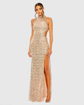 Side Cut Out High Neck Sequin Gown