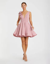 Pink Crepe Sleeveless V Neck Mini Dress With Bow