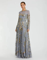 Blue and Gold Long Sleeve Embellished Illusion Evening Gown