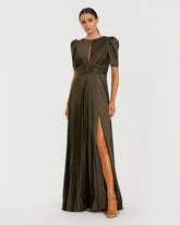 Dark Green Pleated Charmeuse Puff Sleeve Evening Gown With Slit