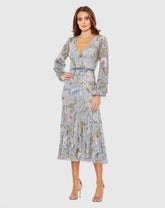 Gray Long Cuff Sleeve Embellished Midi Dress