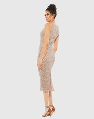 Beige Sleeveless Sequined Midi Sheath Dress - FINAL SALE