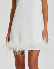 White Feathered Hem High Neck Sleeveless Trapeze Dress - Final Sale