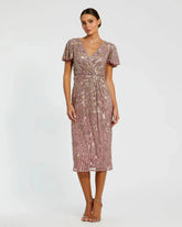 Embellished Faux Wrap Flutter Sleeve Dress