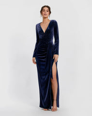 Ruched Velvet Column Evening Gown