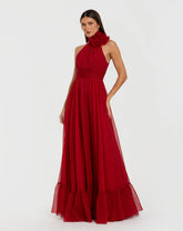 Red Halter Neck Chiffon Gown with 3D Flower