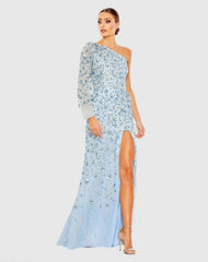 Embellished One Sleeve Faux Wrap Gown