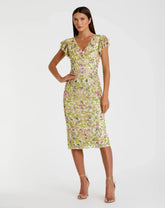Beige Floral Embellished Flutter Cap Sleeve Dress