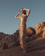 Gold Floral Embellished Strapless Column Dress