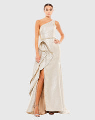 Gold One Shoulder Metallic Ruffled Evening Gown