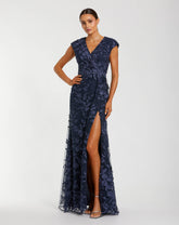 Navy Faux Wrap Embroidered Cap Sleeve Gown