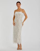 White and Beige Embellished Feather Strapless Column Dress