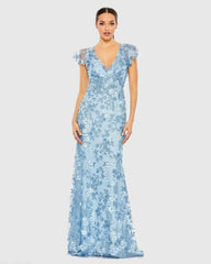 Embroidered Applique Wrap Over Flutter Sleeve Gown