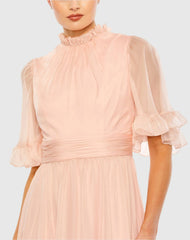 Pink Ruffled Mock Neck Flutter Sleeve High Low Hem Gown