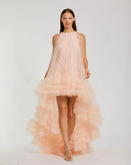 Tulle High Neck Sleeveless Ruffled Hem Hi-Low Gown