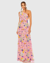 Multicolor One Shoulder Floral Sequin Lace Up Gown